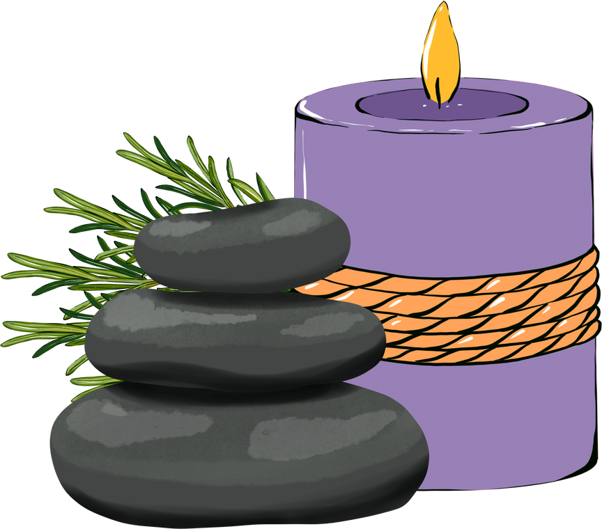 Aromatherapy, composition with stones, candles and fragrant herbs.